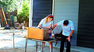 Lusty babe Melody Marks rides on old stepdad's cock with