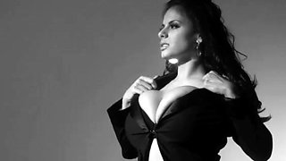 Busty curly brunette with big boobs fucks on couch