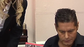 Blonde Secretary in White Lace Stockings Fucks Her Boss on the Leather Sofa