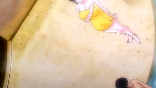 Tender maid guides shy virgin boy into a steamy bath