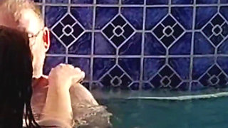 Hot Long Haired Ginger MILF Taking a Dip and Fucking in Outdoor Pool