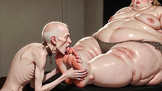 Thin Slave Boy Licking Huge SSBBW Mistress Soft Feet