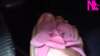 Revving My Car in Pink Flowered Flip Flops
