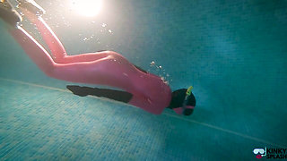 Slippery Latex Slut's Deep Pool Diving Tease