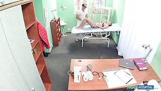 Blonde doggy on all fours on FakeHospital exam table in this