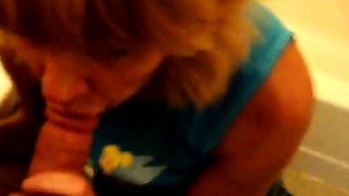 Blonde Granny Blowjob in a Bathroom