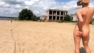 Nude Blonde Babe at a Deserted Beach and Construction Site