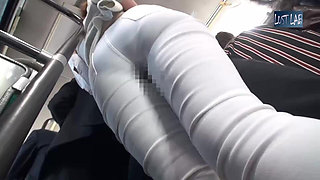 Crowded Bus Rush. Tight Pants Wife Feels the Firm Press, Panty Line Showing as She Gives in to the Moment - Part3