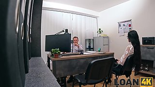 Slender brunette girl comes to her loaner's office to pay him with her body and get fucked