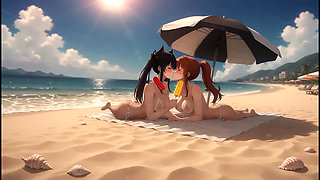 AI Gothic Beauty Meets Redhead Beauty - Beach Crossover (Eating Ice Pops)