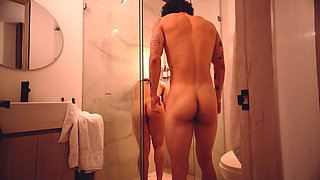 Real, passionate sex in the shower! I can't hold back and I cum in her ass