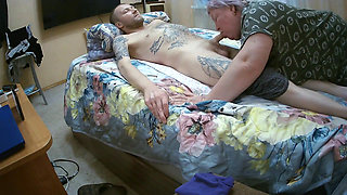 Stepmom Sucks Stepson's Dick and Watches Him Cum
