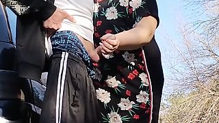 MILF Mother-in-Law Holds My Dick While I Pee & Sucks It Public Blowjob