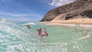 Girl Wetting Jeans in the Ocean and Swimming in Wet White T-shirt