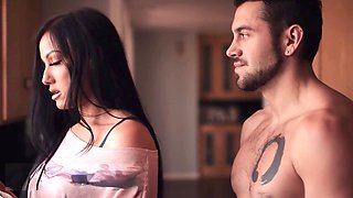 Black-haired cougar Jennifer White takes a taste of her stepson's cock, then rides it on the bed