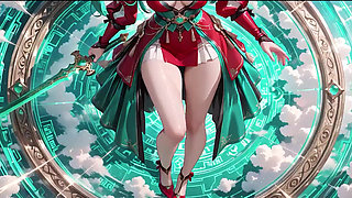 Green-haired warrior in a black-red battle robe, commanding yet shy on the floating terrace.
