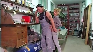 Horny Fuck Pig in Red Lingerie Fucks a Craftsman in the Workshop