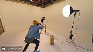 VRB Trans: Brunette T-Girl Model In Lingerie Sucks a Huge Cock During Photo Session