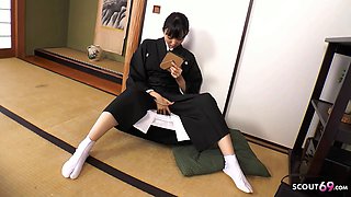 Adorable japanese virgin student caught and teach how to smoke by aged man