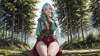 Forest Fantasy! Green-haired Mage & Blue Elf in a Private Walk, Kneeling under dappled sunlight with teasing wands.
