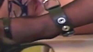 Big dildo playing with leg shackles