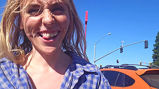 Petite Blonde Deepthroats Cock in Public Parking Lot