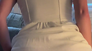 Innocent Girl Using Her Dildo in a White Dress