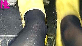 Soft Revving in Yellow Boots and Black Pantyhose