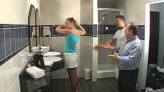 Skinny Brunette Teen Gets Rough Bathroom Fuck and Facial