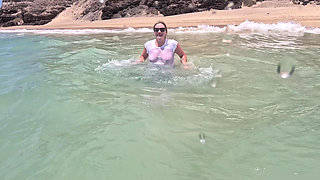 Girl Wetting Jeans in the Ocean and Swimming in Wet White T-shirt