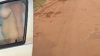 Naked Busty Blonde Walks by Car on Public Road