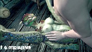 Lusty Argonian maid Naruka stretches her legs in a sexy animated adventure