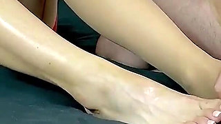 College Girl in Red Seamed Stockings Gives Stockings Handjob & Footjob. Cum on Feet in Stockings