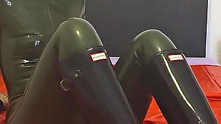 Beauiful Latex Girl with Rubber Boots and Latex Mask Hard Fucked and Cumshot Over Her Wellies