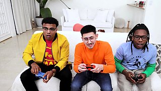 Stepmom takes two cocks while nerdy son plays games