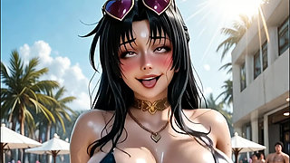 Busty Japanese MILF getting fucked hard by a big dick at a public pool event, AI-generated