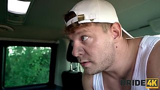 Riding Two Cocks: Horny Bride Gets Filled in Car Threesome