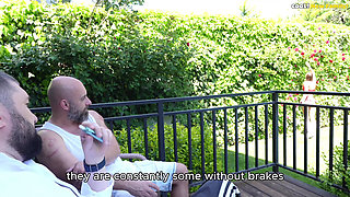 Shh... My Daddy Might Come Back! Slutty Daughter Fucks His Friend in the Backyard!